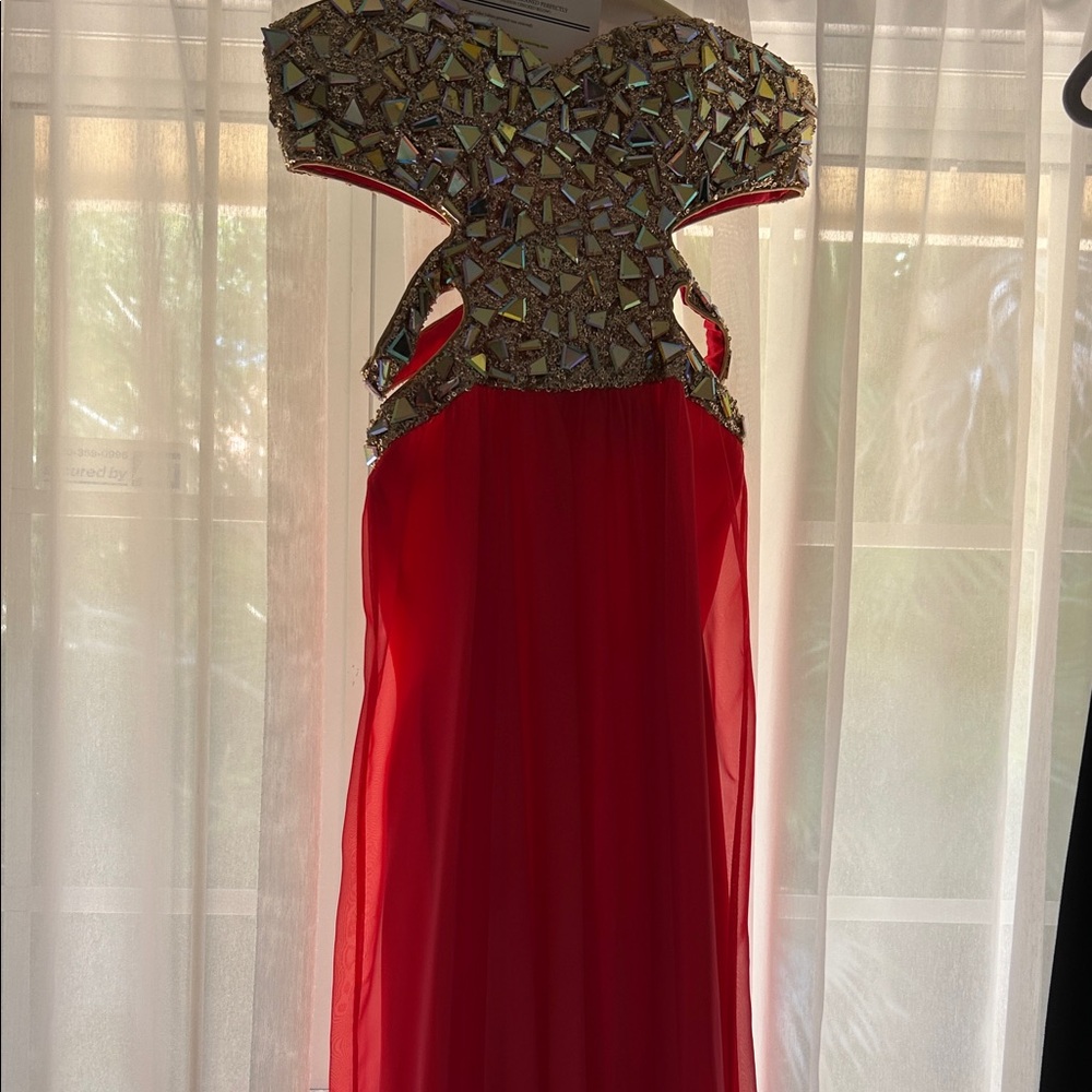 La Femme Red Chiffon Gown with Mirrored Beaded Bodice Dried cleaned and ready